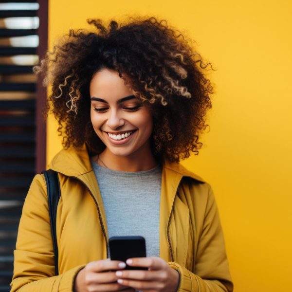 ai-generated-woman-smiling-near-yellow-background-using-a-smartphone-free-photo